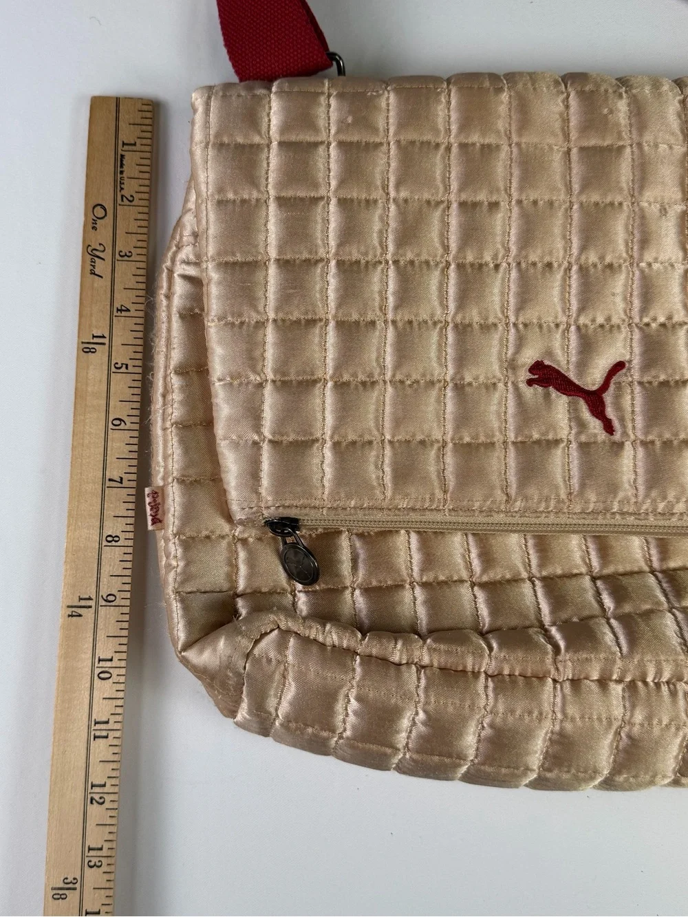 Vintage Puma Quilted Crossbody Bag in Champagne with Red Strap- Classic Puma
